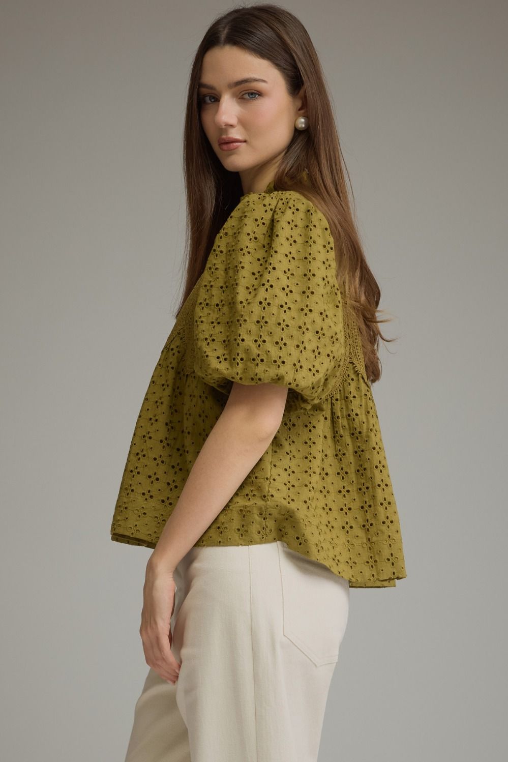 Eyelet Puff Sleeve Top - Olive