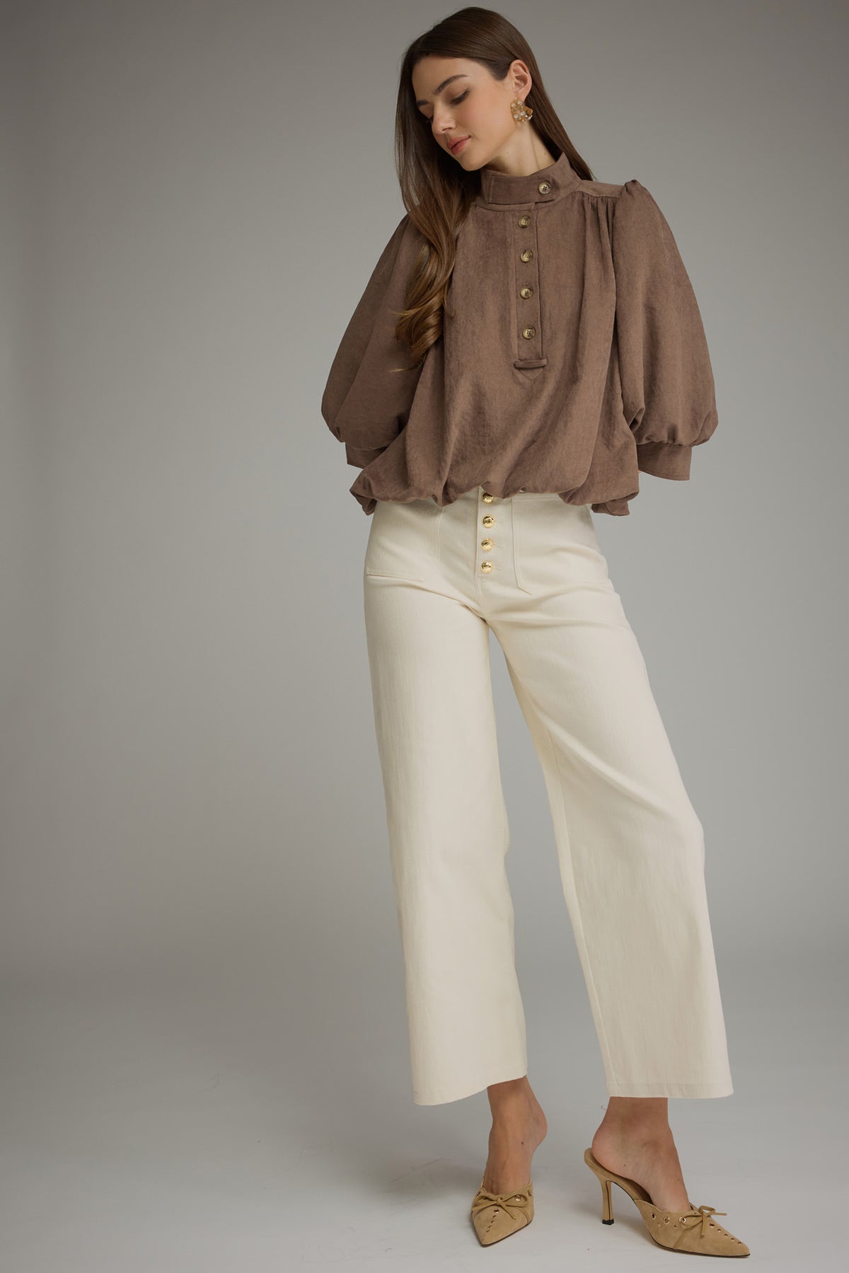 Balloon Sleeve Top - Brown