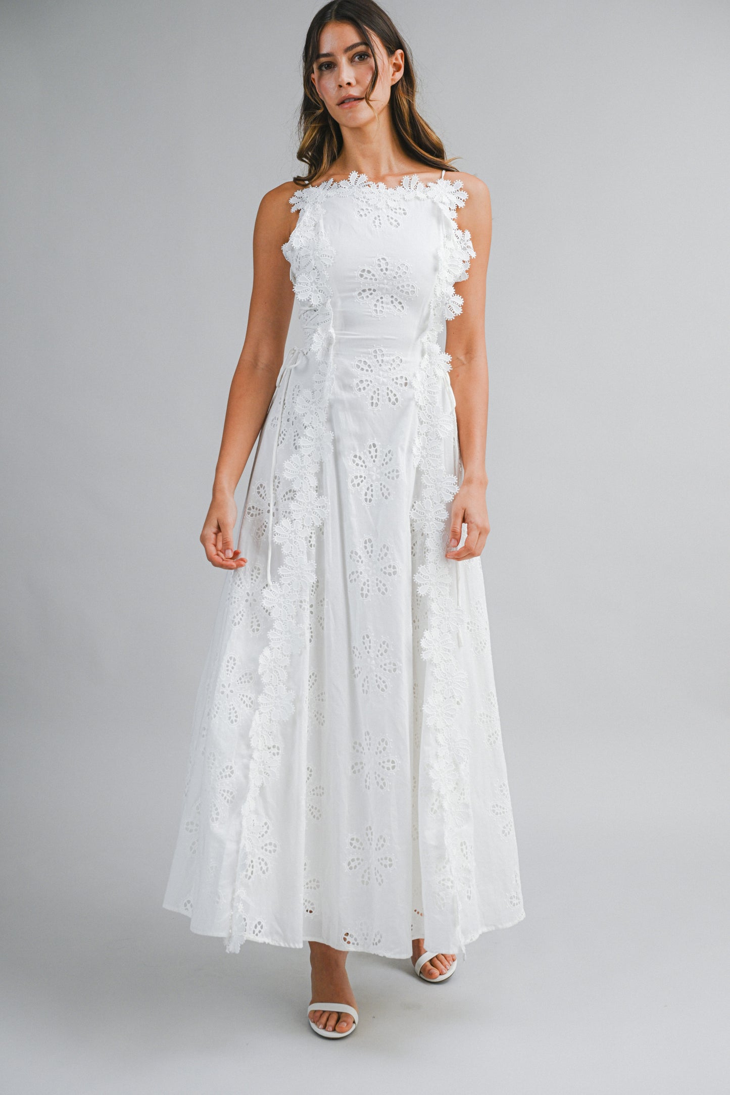Lace Eyelet Trim Cinch Maxi Dress