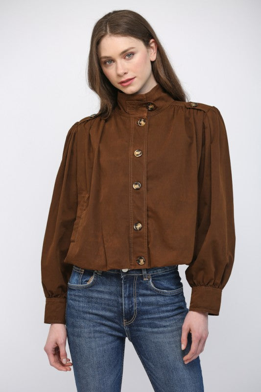 High Stand Collar Bomber Jacket - Dark Brown
