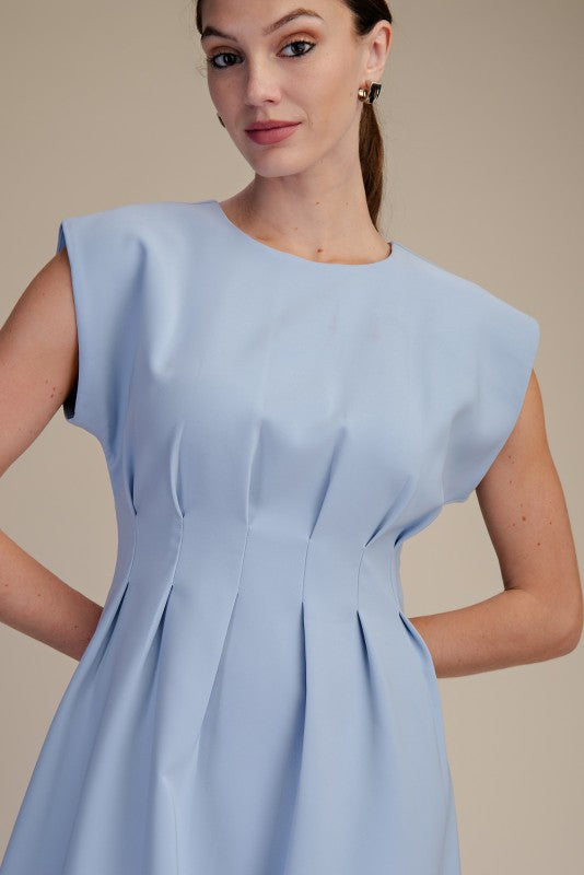 Round Neck Waist Pleated Mini Dress