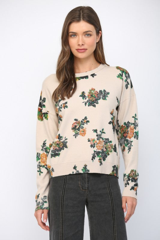 Floral Crew Neckline Sweater - Beige
