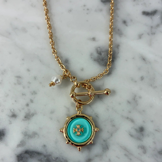 Enamel Cross Pendant Necklace In Turquoise