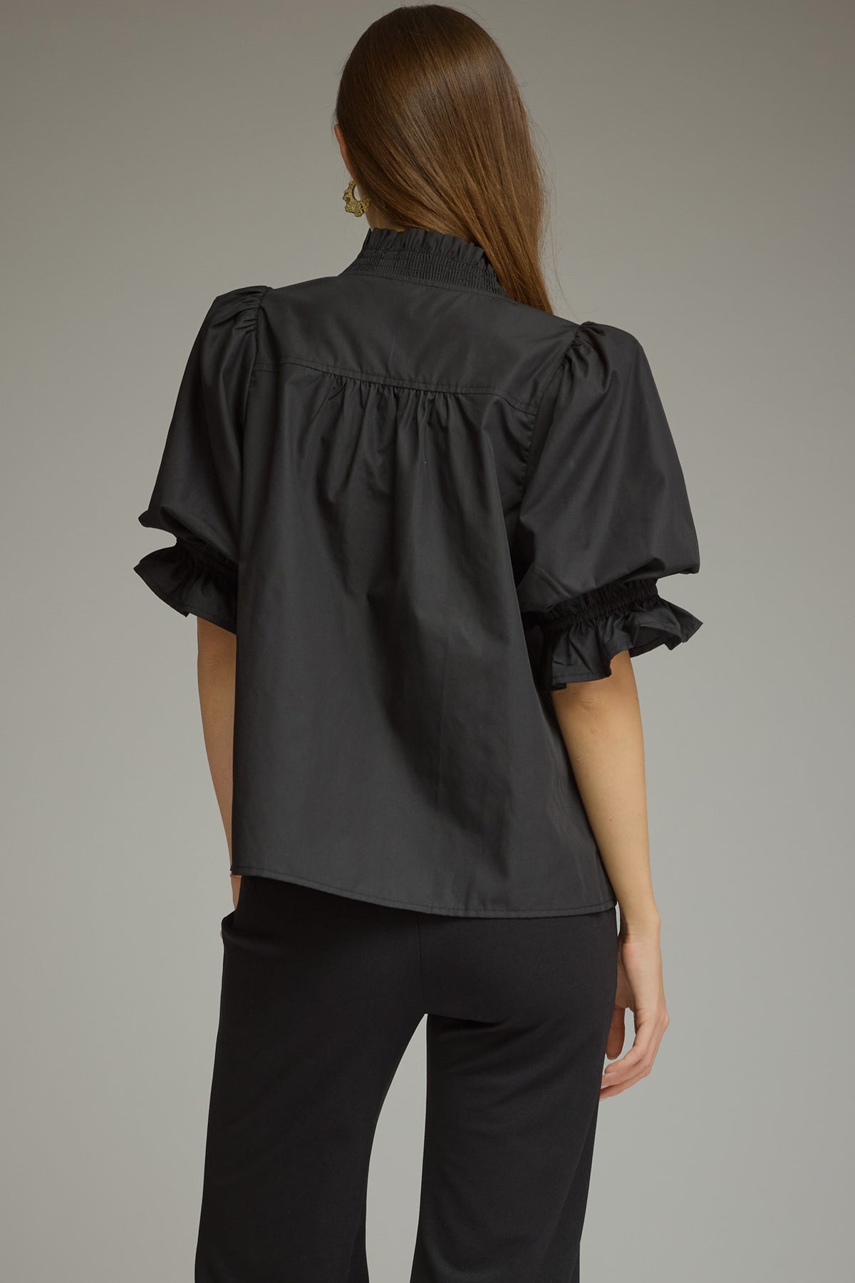 Ruffle V Neck Top - Black