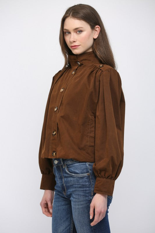 High Stand Collar Bomber Jacket - Dark Brown