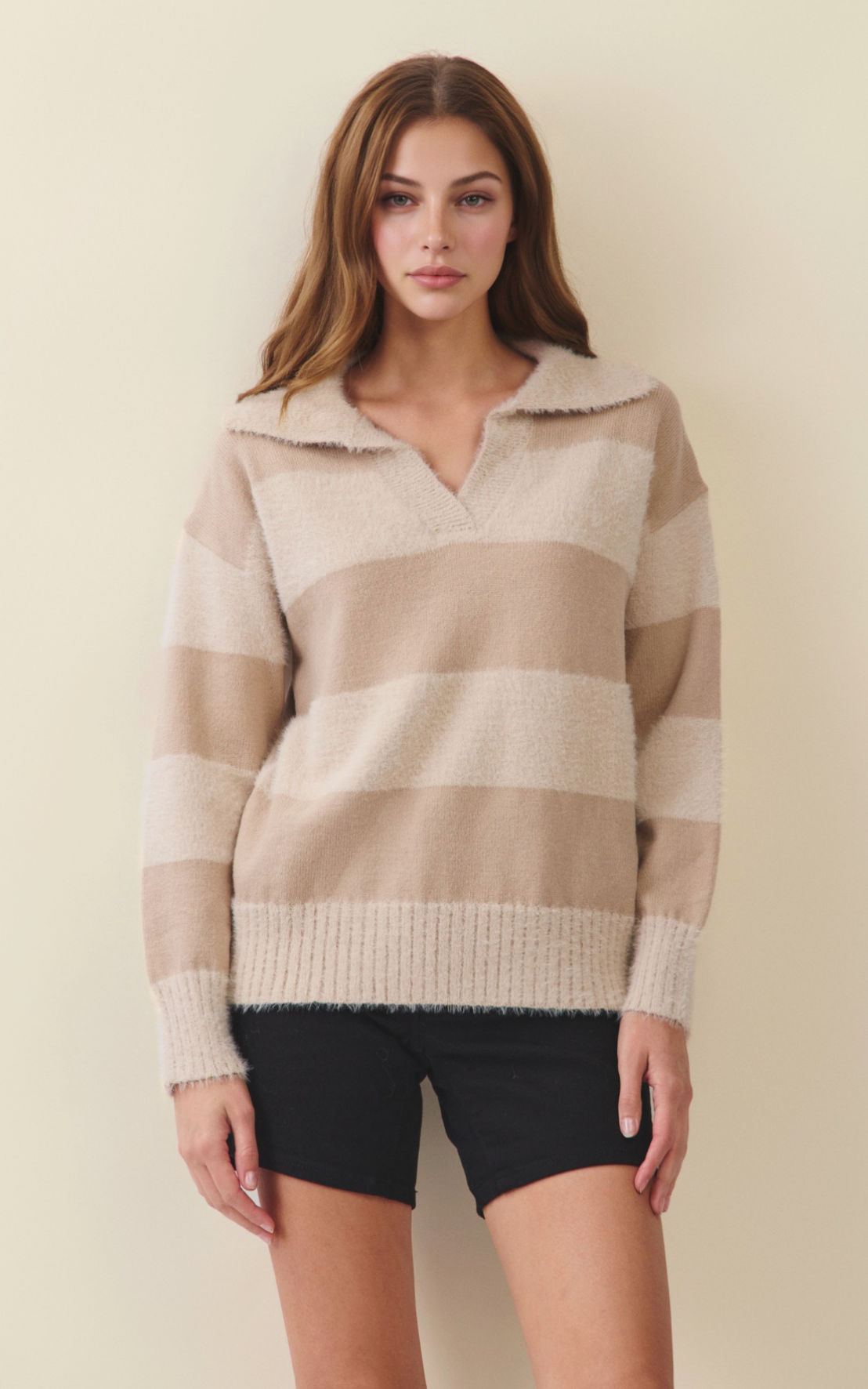 Soft Textured Striped Collar Knit Sweater