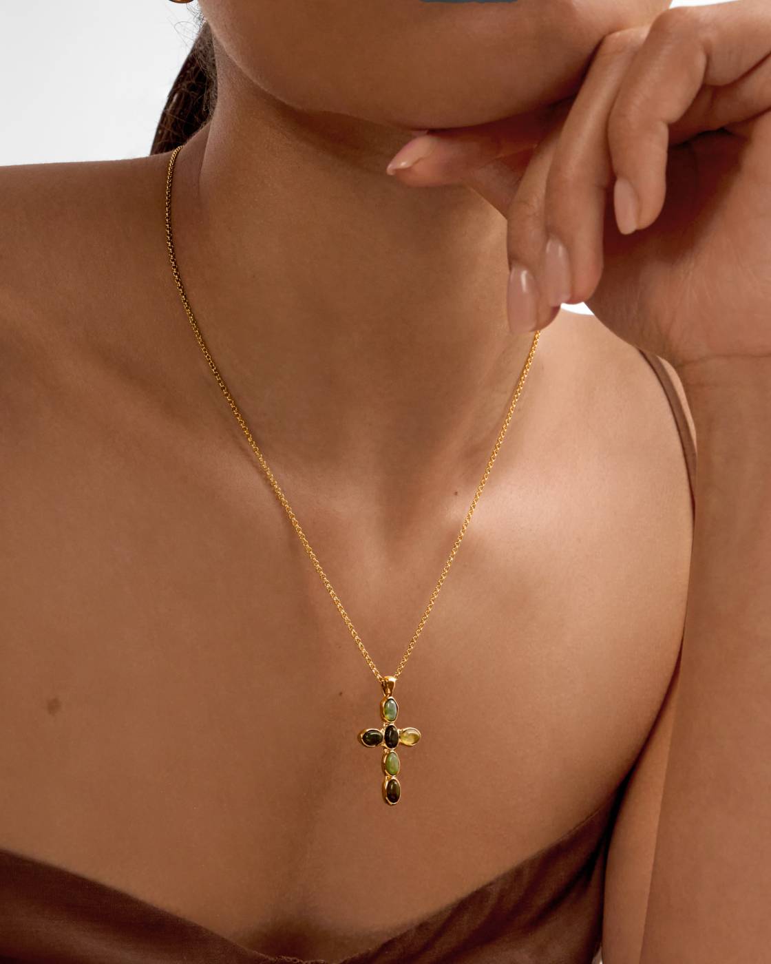 Stone Cross Waterproof Gold Necklace
