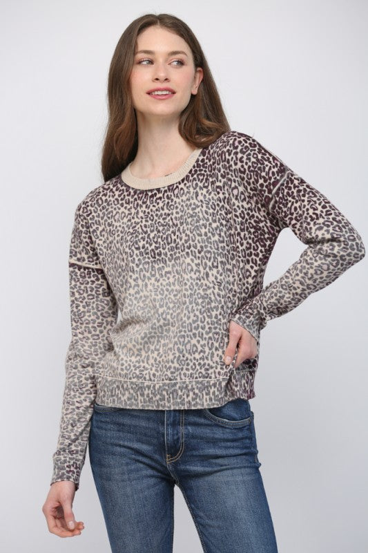 Animal Crew Neckline Sweater - Beige/Plum
