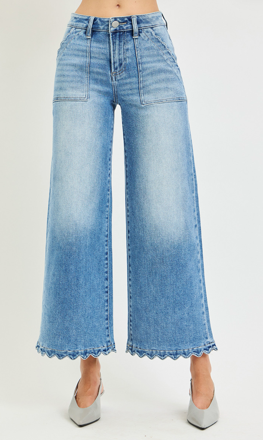 High Rise Crop Wide Leg Jeans With Scallop Patch Pockets