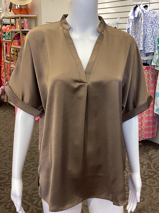 Satin V Neck With Cuff Sleeve Top - Mocha