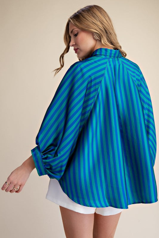 Green And Blue Balloon Sleeve Top