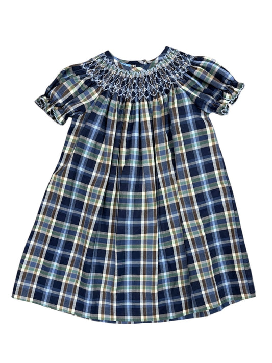 Blue & Brown Plaid Bishop Smocked Dress