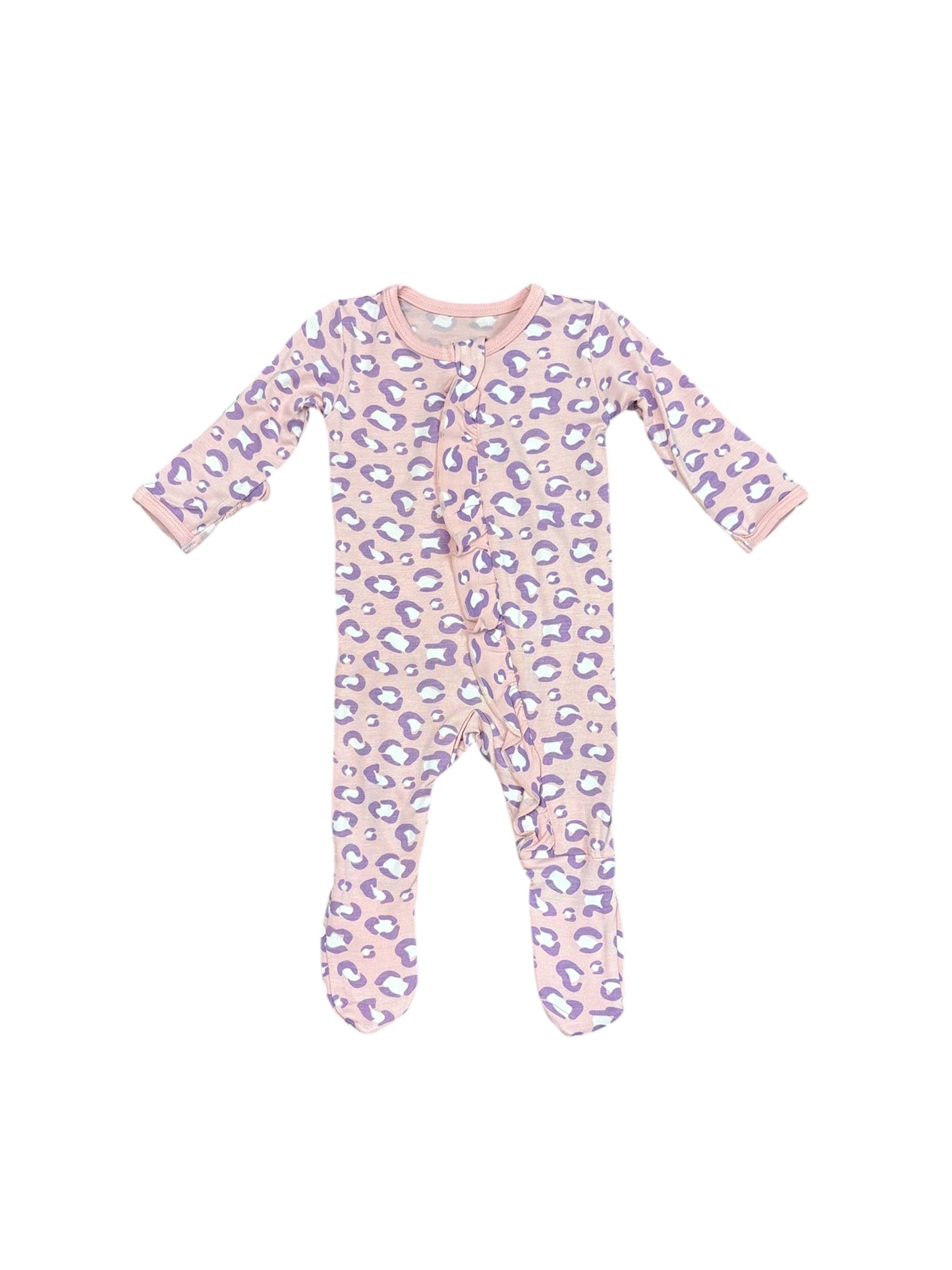 Bamboo Ruffle Footie with 2-Way Zipper - Baby Rose Cheetah Print
