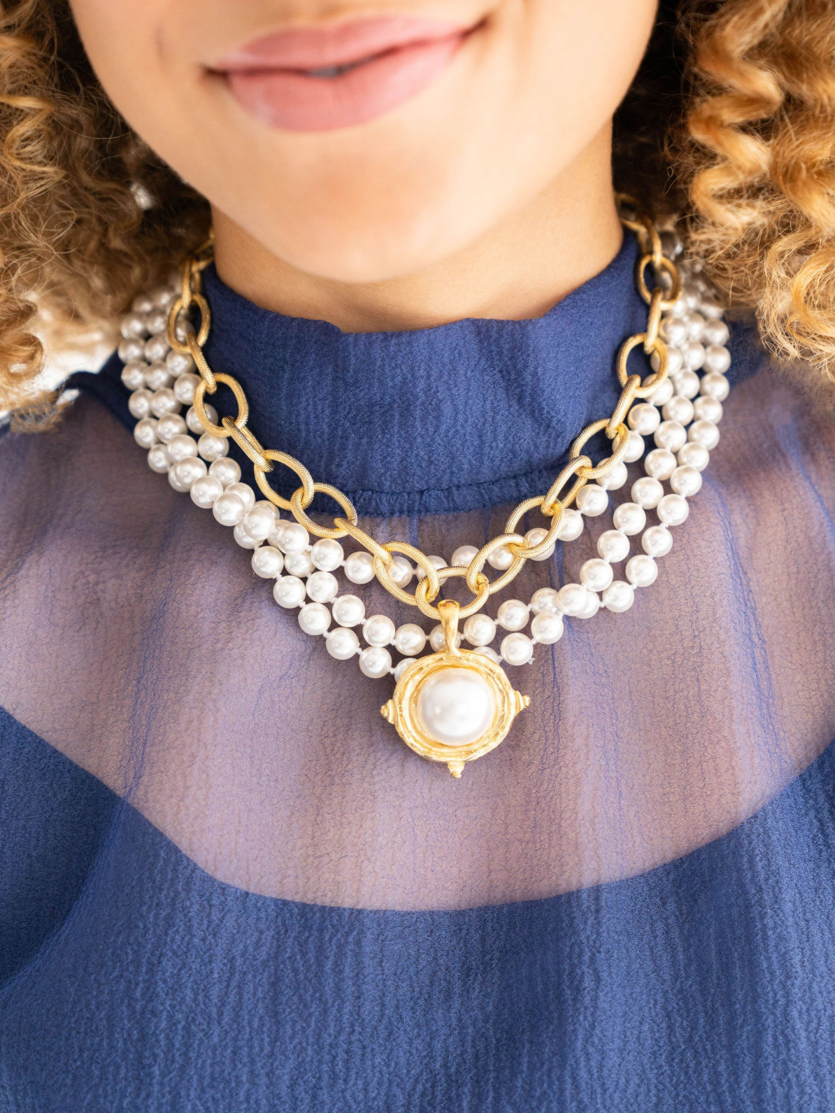 Multi Strand Gold Cotton Pearl Necklace