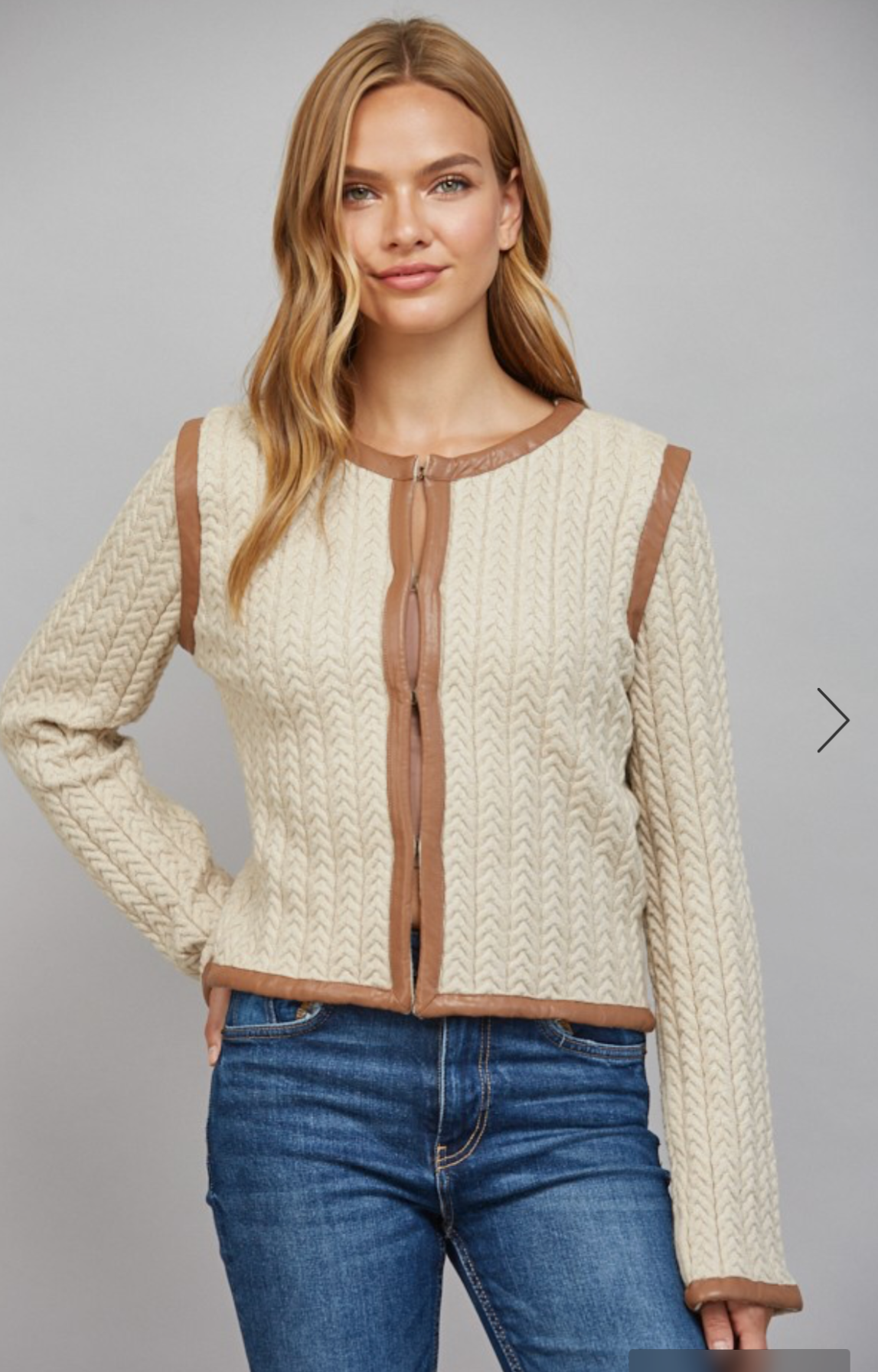Contrasting Faux Leather Trim Knit Jacket