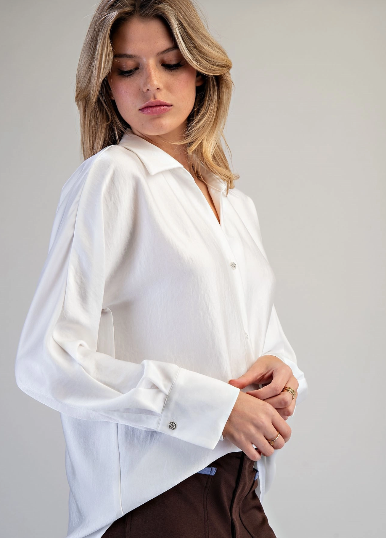Button Down Long Sleeve Blouse Off White