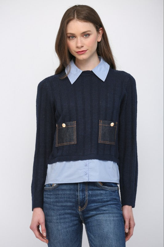 Denim Patch Pocket Sweater