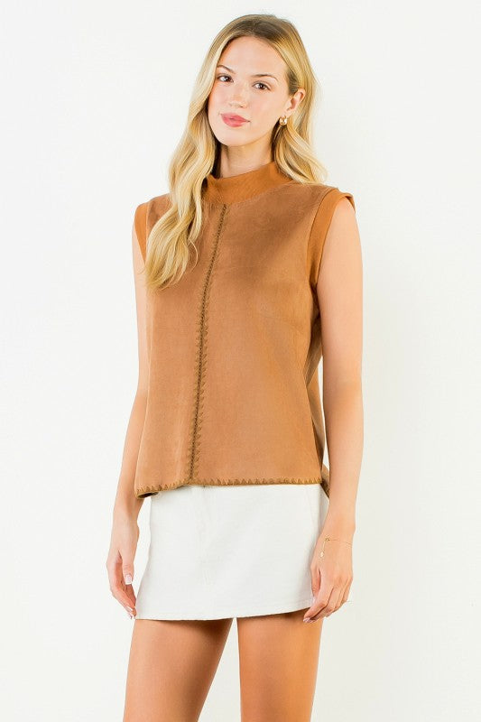 Stitching Detail Suede Top - Camel