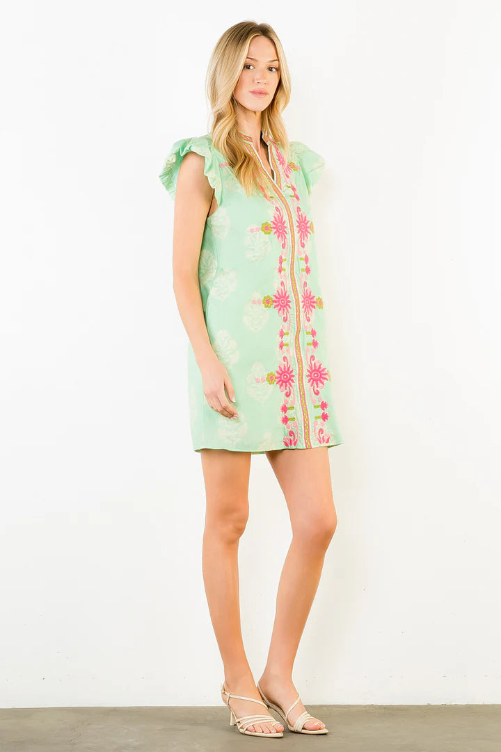 Sasha Flutter Sleeve Floral Embroidery Detail Dress