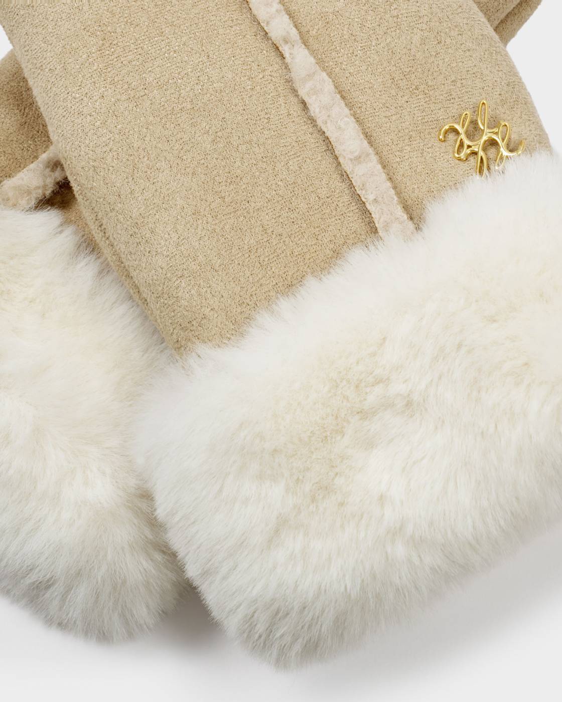 Faux Suede Mittens with Cord - Taupe