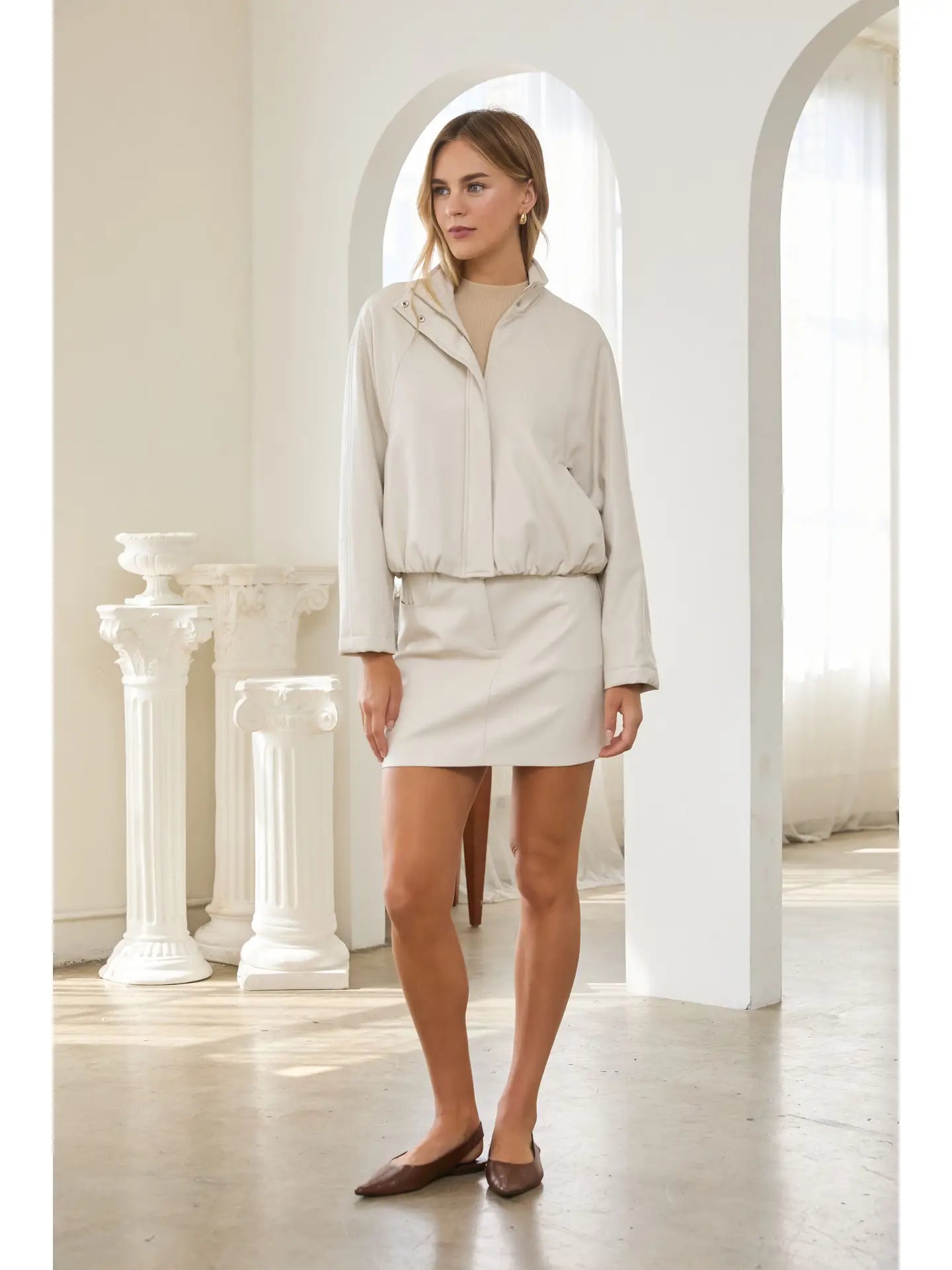 Faux Leather Bomber Jacket - Ivory
