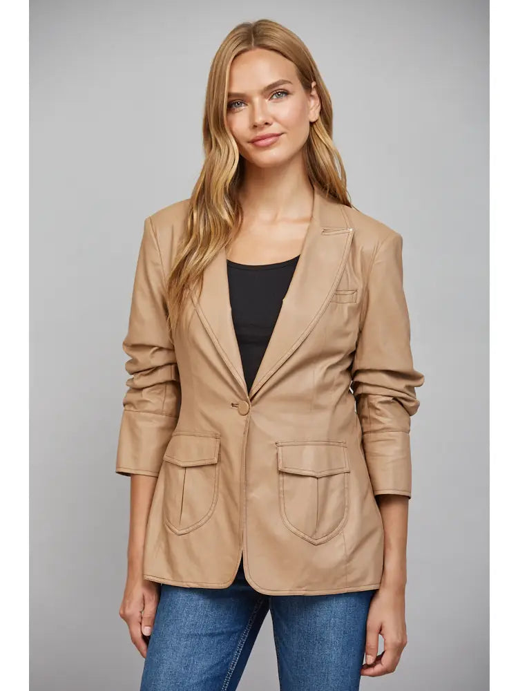 Ruched Sleeve Leather Blazer