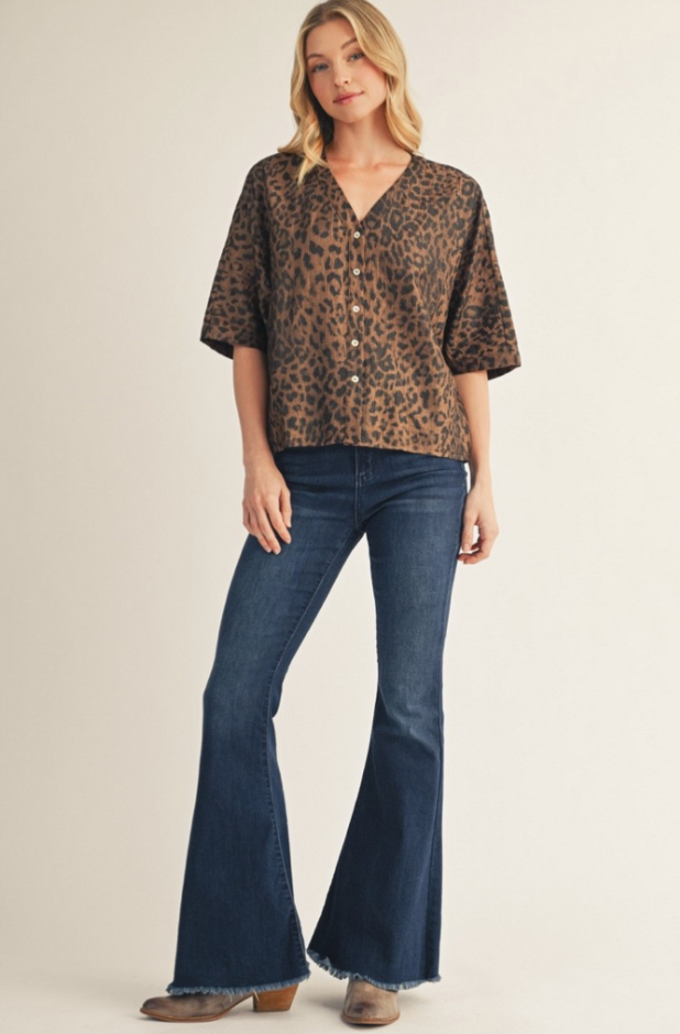 Button Down Metallic Leopard Top In Brown