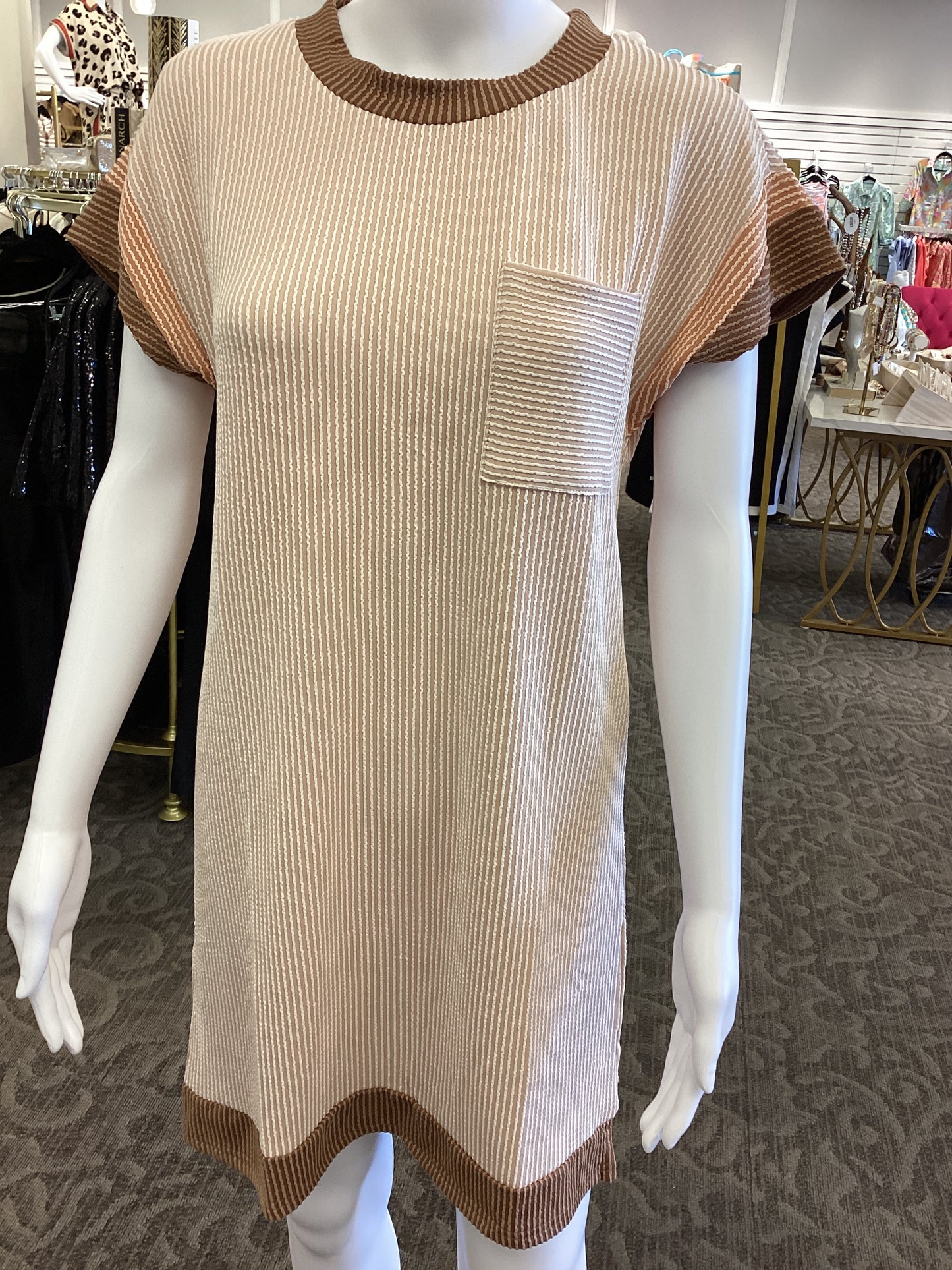 Shades of Brown Ribbed Knit Dress with Pocket