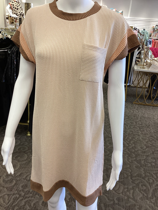 Shades of Brown Ribbed Knit Dress with Pocket