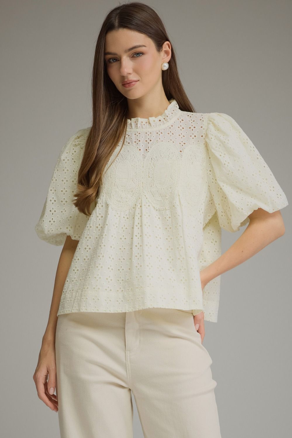 Eyelet Puff Sleeve Top - Cream