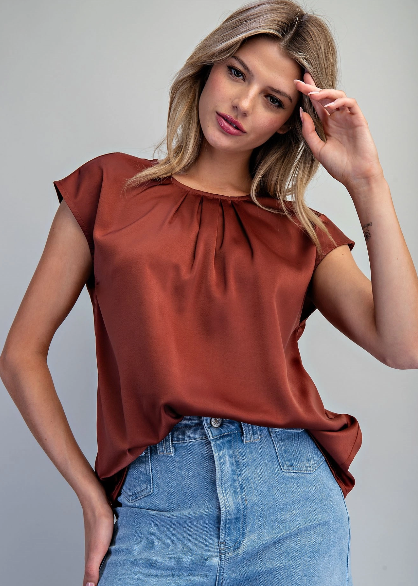 Round Neck Pleated Blouse in Bronze
