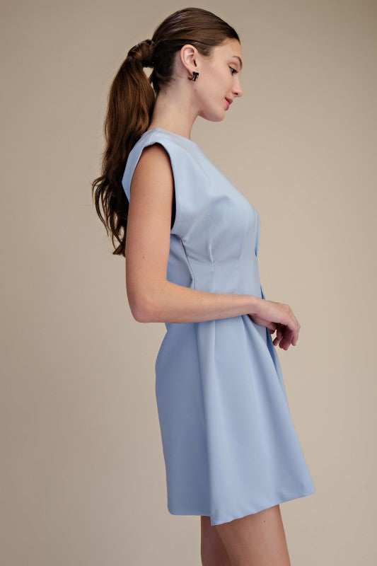 Round Neck Waist Pleated Mini Dress