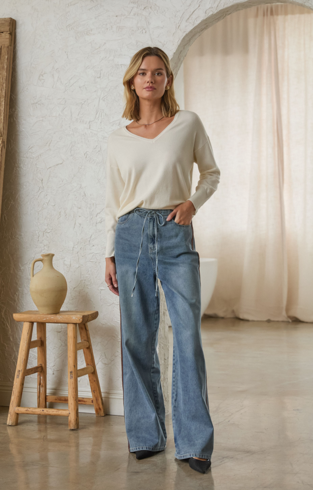 Washed Denim Faux Suede Side Line Detail