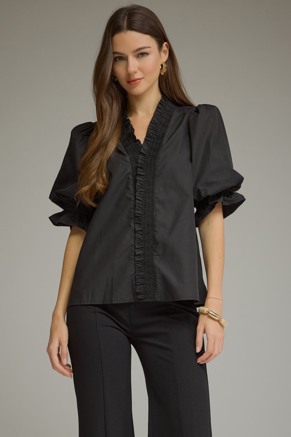 Ruffle V Neck Top - Black