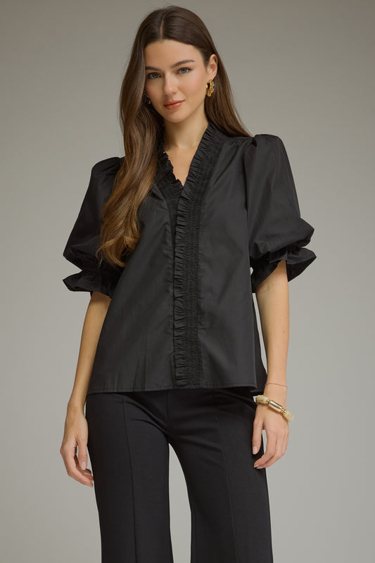 Ruffle V Neck Top - Black