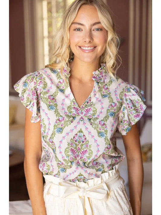 Ruffle Sleeve Embroidered Floral Print Top