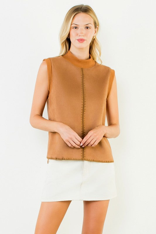 Stitching Detail Suede Top - Camel