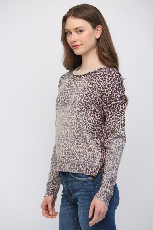 Animal Crew Neckline Sweater - Beige/Plum