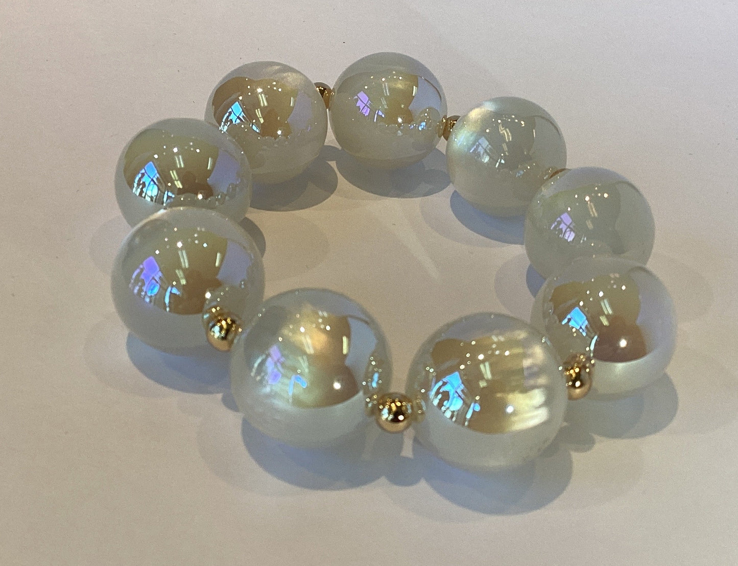 Acrylic Beaded Bracelet in Iridescent White with Small Gold Accents