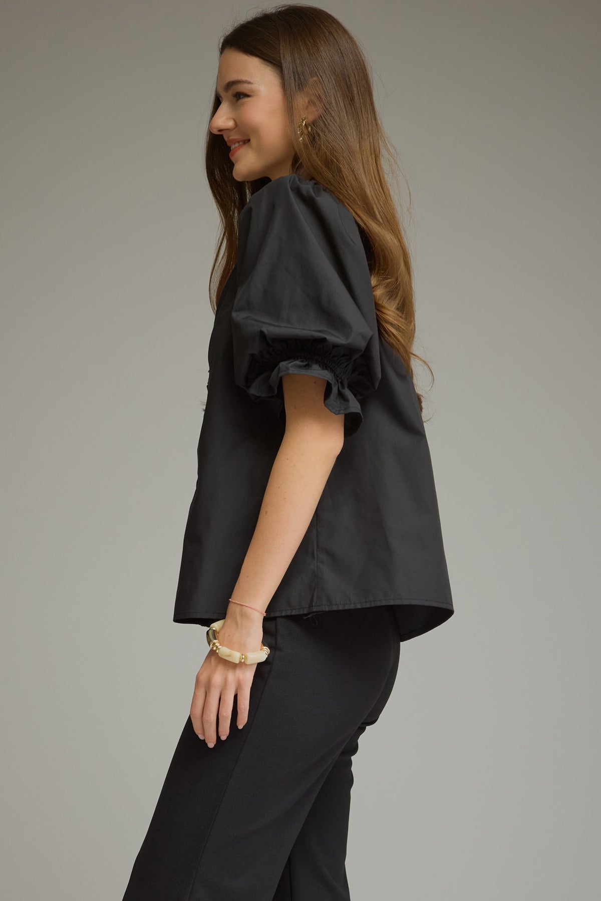 Ruffle V Neck Top - Black