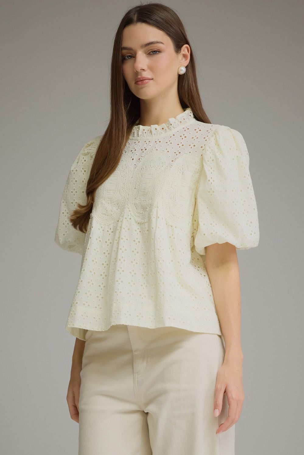 Eyelet Puff Sleeve Top - Cream