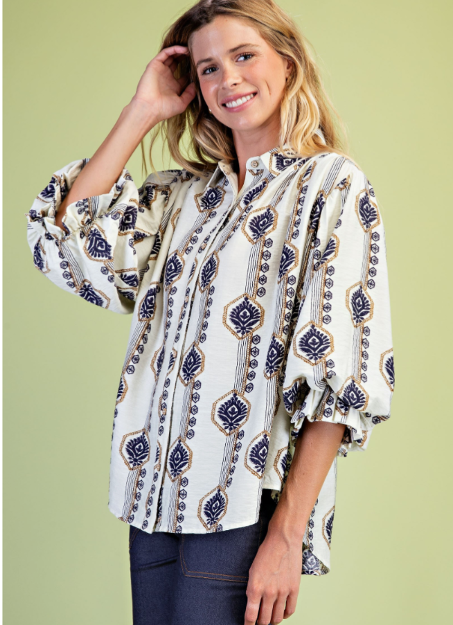Printed Button Down Gathered 3/4 Sleeve