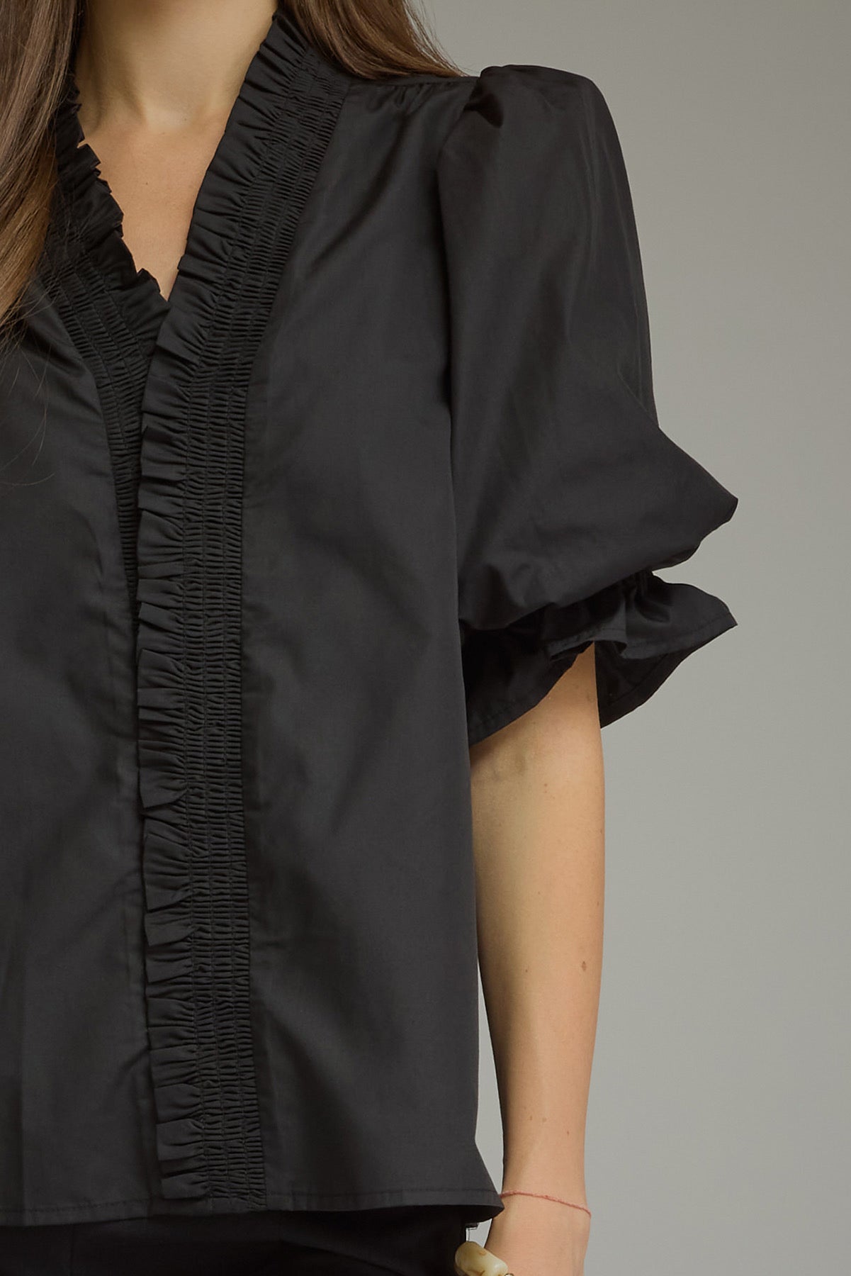 Ruffle V Neck Top - Black