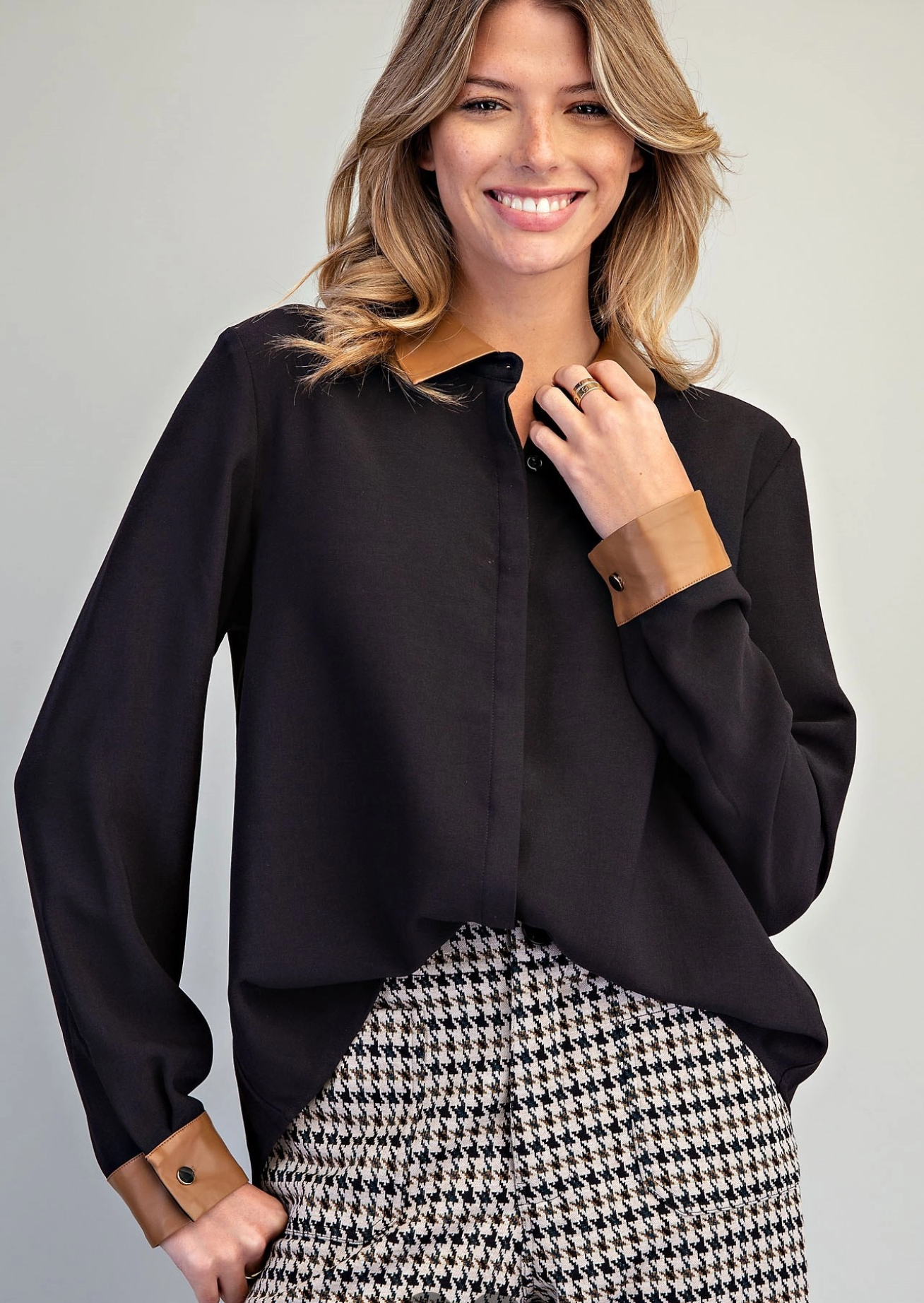 Pleather Contrast Trim Blouse