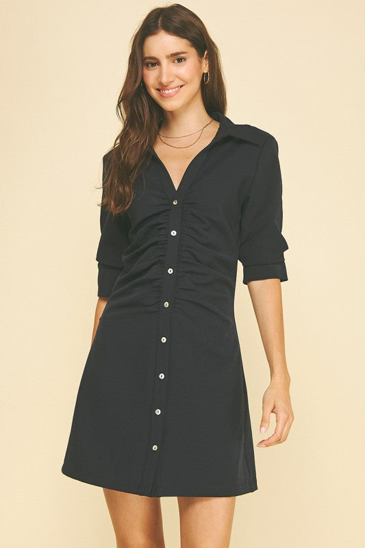 Navy Ruched Button Mini Dress