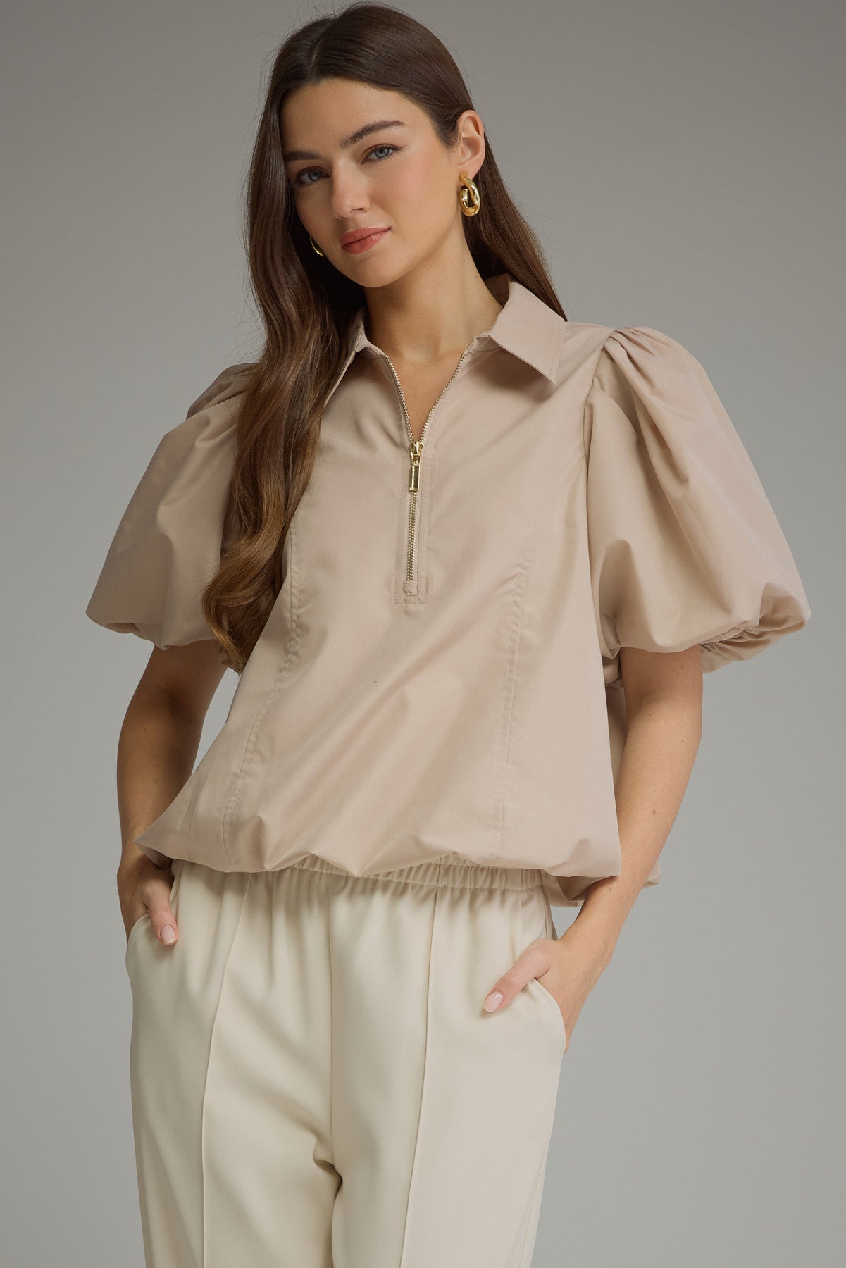 Light Taupe Puff Sleeve Zip Top