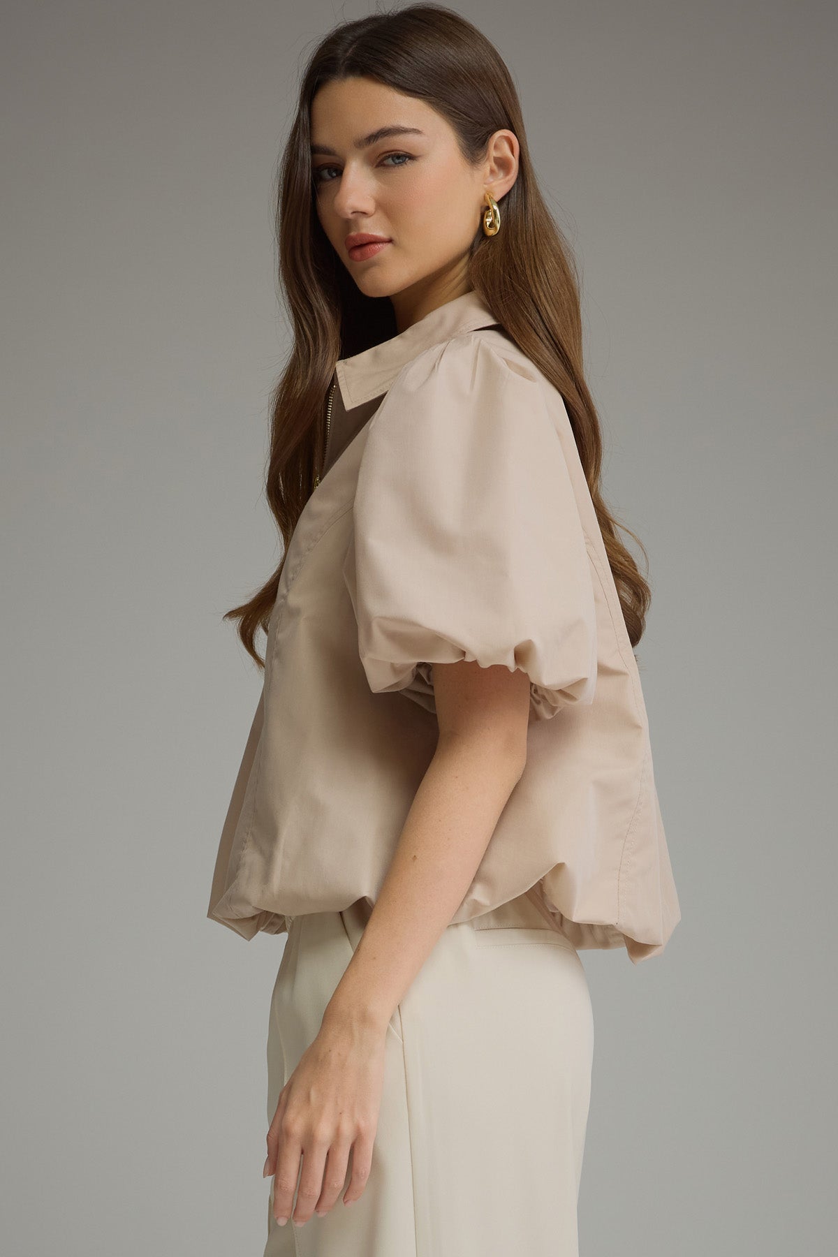 Light Taupe Puff Sleeve Zip Top