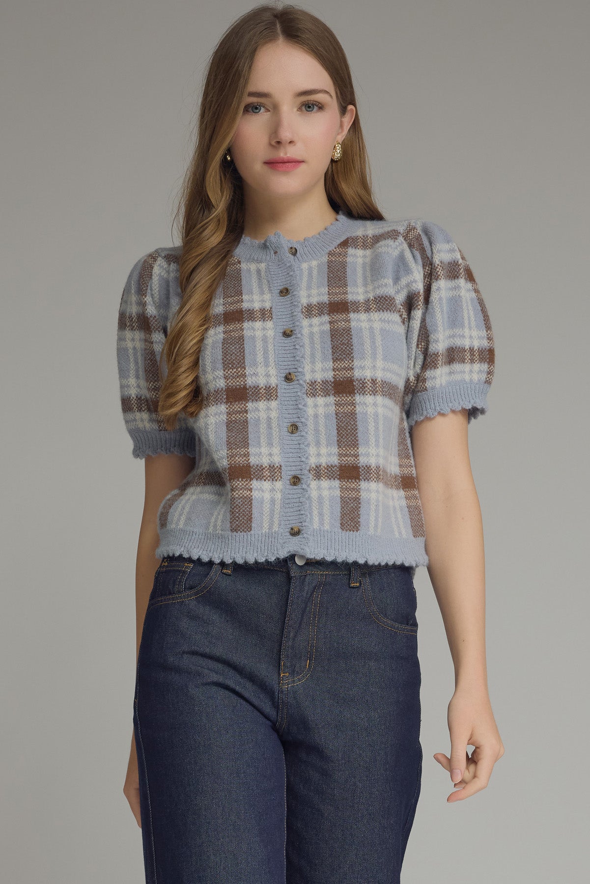Dusty Blue Plaid Puff Sleeve Top