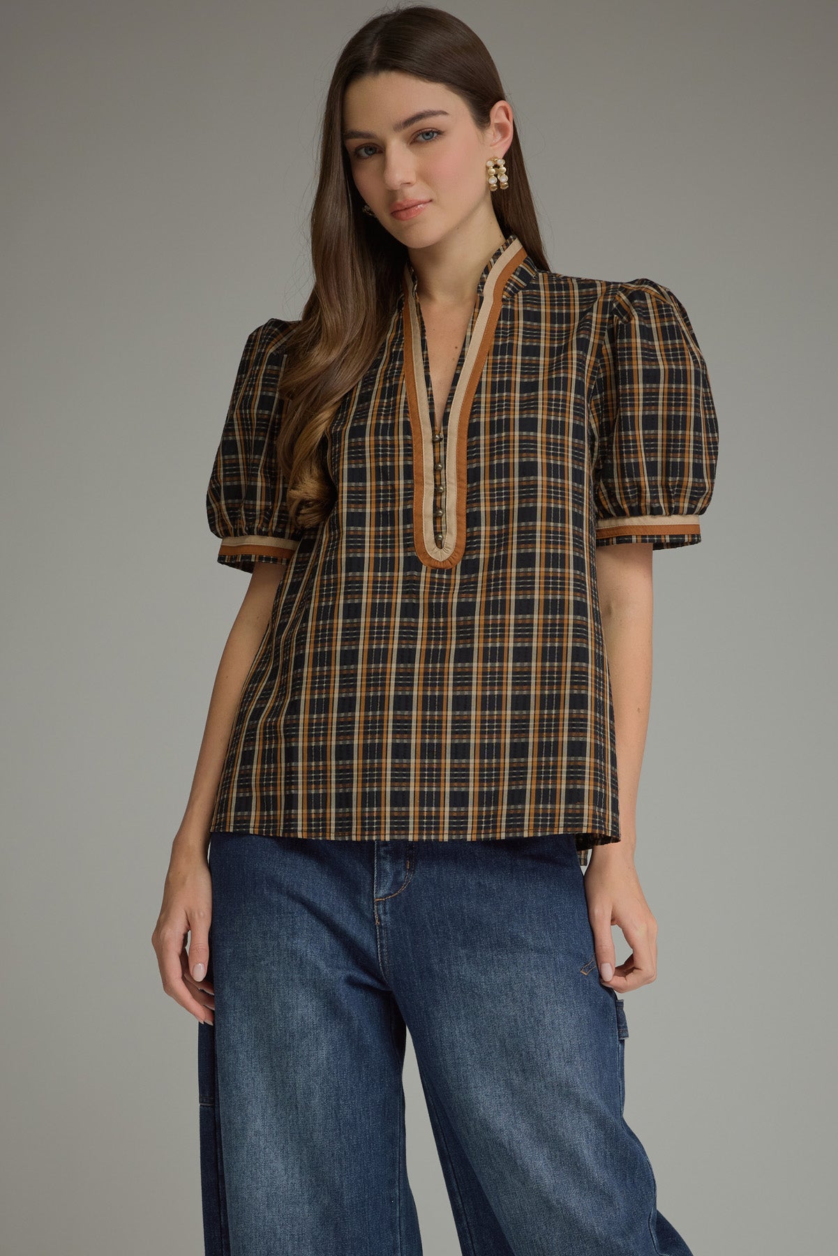 Plaid Puff Sleeve Top - Black