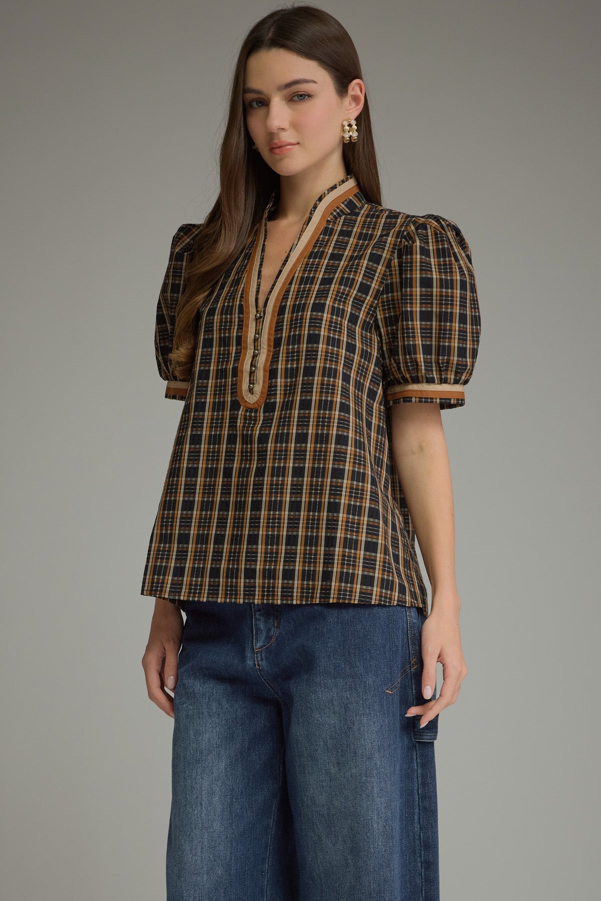 Plaid Puff Sleeve Top - Black